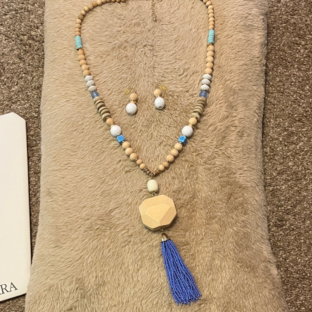 Blue and Tan Wood Beaded Necklace and Earring Set